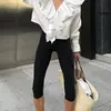 Calça de Yoga Cropped Preta de Cintura Alta Justa Estilo Europeu e Americano para Mulheres, Legging Skinny Shark Elástica