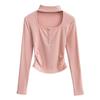 Bufanda cuello redondo grande halter sexy botón manga larga top para mujer 2023 otoño nuevo hombro hilo camiseta básica