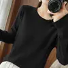Suéter de Algodón Puro Nuevo Estilo de Primavera con Borde Enrollado Cuello Redondo Manga Corta Larga Top de Punto Básico Holgado Casual para Mujer