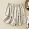 Nuevos shorts de verano para mujer, corte recto, pantalones casuales finos de algodón y lino, cintura elástica, pantalones holgados de pierna ancha, pantalones hasta la rodilla, rayón