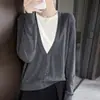 Suéter de Punto Suelto para Mujer 2026 Otoño/Invierno Nuevo, Lana Fina, Cuello Redondo, Diseño de Bloques de Color, Aspecto de Dos Piezas