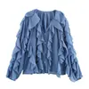 Camisa marca Z, estilo europeo y americano, artículo de moda popular, ropa de mujer transfronteriza de AliExpress, cuello en V, de un solo botón, manga larga, con capas, azul cielo, ZA