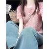 Top de punto de ganchillo hueco de manga corta estilo coreano para mujer, nuevo estilo de verano, estilo holgado y suave, color rosa, top que reduce la edad