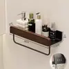Estante de Baño sin Taladro Montado en Pared Lavabo Estante de Almacenamiento Madera de Nogal para Baño Estante de Secado Multifuncional