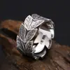 Anel de Prata S925 Marca de Moda Europeia e Americana Padrão de Folha Masculino Vintage Prata Tailandesa Moda Anel de Dedo Comida Aberto Ajustável