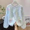 Novo Suéter Gradiente de Cor Flores Tridimensionais Super Bonito para Primavera, Outono, Inverno para Mulheres, Moda Casual Gola Redonda Malha Top