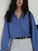 Camisa Retro Azul de Manga Larga para Mujer 2026 Nuevo Estilo Principios de Primavera Top Holgado y Versátil