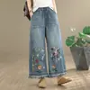 Colección Primavera 2026 Jeans de Mujer Estilo Étnico Cintura Elástica Bordados Holgados Moda Adelgazantes Pantalones Acortados de Pierna Ancha