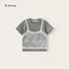 Conjunto de Ropa Infantil Bangxuan para Niñas, Falso Dos Piezas de Encaje con Mangas Cortas, Vestido Blanco de Malla Estilo Pastel, Conjunto de Dos Piezas Moderno para Niños Mayores