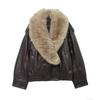Atacado de Roupas Europeias e Americanas Gola de Pele Sintética Marrom Escuro Solta Jaqueta de Couro Sintético Jaqueta de Couro Pu 4341/853