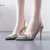 Novo salto agulha apontado brilhante sapatos de couro sexy primavera e outono boca rasa prata lado vazio sapatos femininos europeus e americanos novos saltos altos na moda
