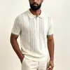 Transfronterizo En Stock Verano Nuevo Estilo Estilo Old Money Hombre Media Cremallera Solapa Hueco Raya Vertical Tejido Manga Corta Transpirable Fresco