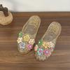 Sandalias Dulces de Estilo Hada con Lazo, Zapatos de Cristal, Sandalias con Punta de Flor, Sandalias Planas con Cuentas de Moda de Verano para Mujer