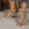 Nuevo Estilo Cabeza Cuadrada Banda Elastomérica Flor de Pedrería Sandalias de Mujer Comercio Exterior Talla Grande Sandalias Sexy de Tacón de Cristal de Moda