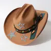 Sombrero Negro de Fieltro para Chica Picante con Tachuelas de Estrella, Sombrero Vaquero Occidental con Adornos de Estrella Plateada con Purpurina, Plumas con Cuentas, Sombrero Estilo Retro Dulce y Genial
