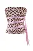 Iamgia Top Tubo Sexy Estampa de Leopardo Rosa Sem Mangas com Laço Cruzado Estilo Europeu e Americano Body Cropped Justo para o Verão