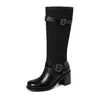 Botas de montar de dos tonos para mujer, botas de cuero envejecido, nuevos artículos de otoño e invierno, piel de vaca con hebilla de cinturón, tacón medio grueso, botas largas de tubo alto, botas rectas para mujer