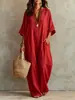 Vestido Roupão de Algodão e Linho Solto com Decote V Europeu e Americano Transfronteiriço, Vestido de Linho Boêmio para Férias com Mangas Três Quartos que Valoriza a Silhueta