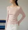 Ginnkel Francés Elegante Lana Un Hombro Manga Larga Tejido de Punto Mujer Otoño Camisa Base Top de Un Hombro