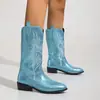 Botas de vaquero occidentales azules brillantes transfronterizas para mujer, botas de media caña bordadas vintage, punta fina, tacón grueso, fiesta, escenario, talla grande