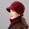 Sombreros para mujeres de mediana edad y ancianas otoño e invierno piel de conejo tejido de ala ancha a prueba de frío sombrero de punto señora mayor abuela más terciopelo cálido lana