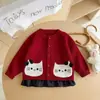 Cardigan Cartoon Gatinho Infantil Primavera e Outono Bebê Poá Barra Franzida Jaqueta de Tricô Roupa Infantil Atacado