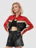 Jaqueta de Couro Feminina Estilo Celebridade da Internet Europeia e Americana, Bloqueio de Cores, Couro PU, Expondo a Cintura, Cool e Estilosa, Estilo Biker Hot Girl, Em Estoque, Design Personalizado