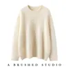 Camiseta base de malha 100% cashmere puro da série pesada escovada, gola redonda, corte solto feminino, suéter pulôver quente de manga comprida