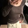 Top de punto sencillo y elegante de corte ajustado con cuello en U para mujer, adecuado para principios de otoño, ajustado y estiliza la figura, se puede usar como capa base, camiseta de manga larga