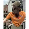 Camiseta de algodón puro con estampado floral estilo americano de manga corta para mujer, fina de verano, cuello redondo, casual, versátil, top ins