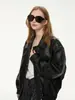 Jaqueta Feminina de Couro PU Outono 2026 Casaco Preto Corte Solto Gola Reversível Zíper Costura Jaqueta Casual de Manga Longa Top