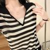 Tamanho Plus Size Verão 2024 Novo Estilo Slim Decote V Estilo Coreano Colete Tricô Listras Finas Camiseta de Seda Gelada para Mulheres