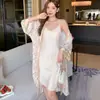 Conjunto de Dos Piezas de Camisola y Bata de Seda Helada de Longitud Extendida Transfronterizo para Primavera y Verano para Mujer Delgado Estampado Ropa de Casa Comercio Exterior