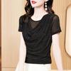 Camiseta de manga curta com gola de pelo feminina para o verão design irregular malha de seda brilhante camisa pequena estilo western top pequeno
