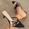Comercio Exterior Moda de Primavera Nuevo Estilo Malla Estrellada Lazo Punta Aguda Tacón Kitten Sandalias de Mujer Tacones Altos