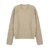Nuevo Estilo Otoño e Invierno 2026 Suéter de Lana Color Albaricoque de Punto Trenzado de Cuello Redondo y Manga Larga, Estilo Perezoso, Corte Holgado, Adelgazante, Prendas de Punto Versátiles para Mujer