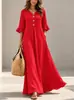 Vestido Longo de Moda Feminina Europeia e Americana Transfronteiriça, Cor Sólida com Bolsos, Decote V, Botões de Madeira, Mangas Bufantes, Caimento Solto, Barra Larga, Vestido Longo para Férias