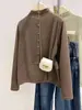 Camisa Básica Espessa Escovada para Mulheres Ligeiramente Cheinhas, Camiseta de Manga Longa Falso Cashmere, Blusa com Botões de Gola Meia-Alta para Outono e Inverno para Usar em Camadas