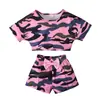 Ropa Infantil de Dos Piezas para Niñas Estilo Europeo y Americano Verano Día de San Valentín Camiseta Corta de Manga Corta Camuflaje + Pantalones Cortos con Lazo
