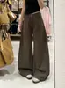 Pantalones de mezclilla de cintura alta, pierna ancha, adelgazantes, casuales, fluidos para mujer, nuevo estilo de otoño, marrón americano, aptos para petite, versátiles, de largo hasta el suelo