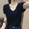 2025 Verão Nova Chegada Suéter Tricotado Casual com Elasticidade Camisa de Manga Curta Slim-fit Top Solto Redutor de Idade que Cobre a Barriga para Mulheres