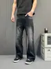 Jeans de mezclilla desgastados vintage retro lavados con bigotes de gato de corte recto holgado línea A, pantalones casuales versátiles para hombre y mujer