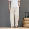 Verão 2026 Novo Estilo Estilo Chinês Masculino Algodão e Linho Casual Calça de Perna Larga Estilo Étnico Tamanho Grande Solta Cordão Calça Reta
