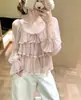 Foto real da nova blusa de chiffon em camadas com babados para outono para mulheres, top de manga longa com design vintage francês