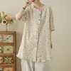 Camisa Estilosa de Algodón y Lino con Lunares, Cuello Redondo, de Botones, Manga Corta, Longitud Media, Estilo Mori Girl, Reductora de Edad, Holgada