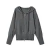 Cardigan Tricot com Capuz e Zíper Cinza Francês Feminino Outono Inverno Estilo Preguiçoso Jaqueta Curta Solta Blusa Casual de Manga Longa
