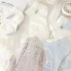 Calcetines para niñas, delantal azul, calcetines de conejo, calcetines de barco finos de verano para niños, malla transpirable, calcetines con lazo de encaje blanco lechoso