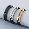 Pulsera de cordón de cuero negro de doble capa estilo business exclusiva transfronteriza con brazalete de alambre tejido de acero inoxidable para hombre