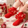 Calcetines de Encaje con Pompones Navideños para Niñas Bebés de Media Pantorrilla Algodón Volantes Estilo Princesa Lindos Calcetines Cortos Festivos