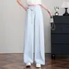 Calça Wide Leg da Moda com Pedrarias para Mulheres, Verão Fina de Cintura Alta Solta Casual Fashion com Cinto, Corte Reto Banana